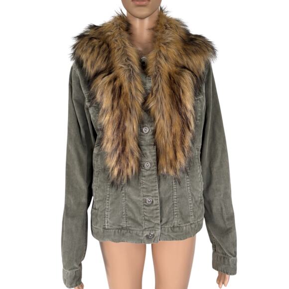 Upcycled Faux Fur Collar Corduroy Jacket Fox Art Back Whimsigoth Cottagecore L - Picture 3 of 6